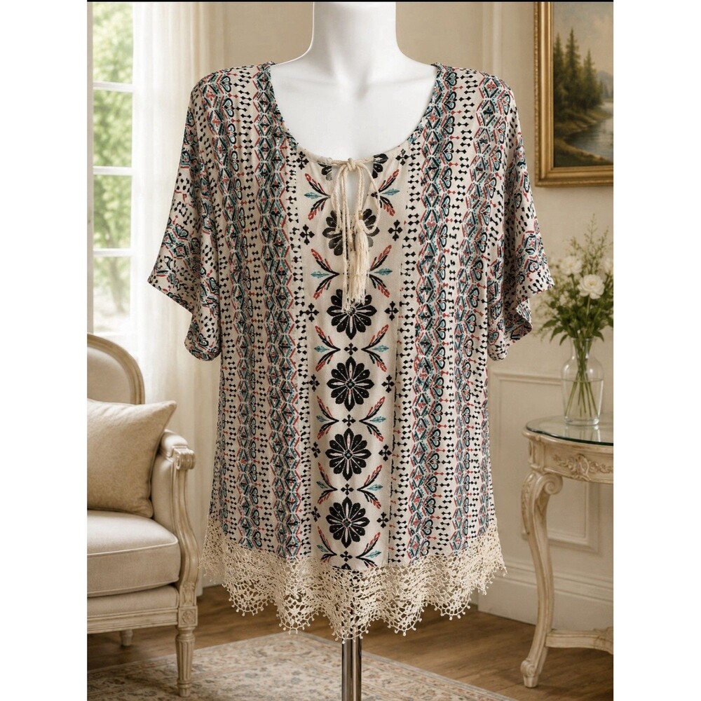 Rafaella Weekend Women’s Medium Print Crochet Hem Top Tassel Tie 38” Bust 27” L